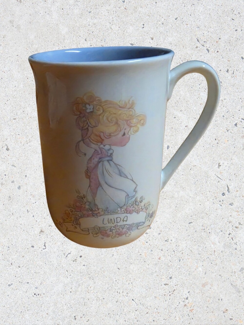 Vintage 1989 Precious Moments LINDA Coffee Mug Cup Enesco Korea Pastel Blue